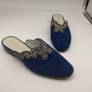 Bettye Muller New York Navy Suede Gold Embroidered Mules Women's 9M